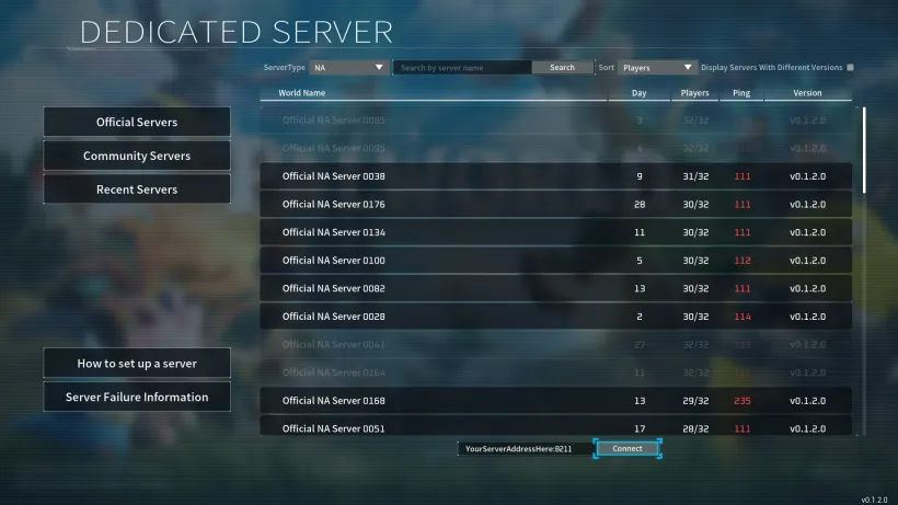 The Palworld (Steam) multiplayer menu