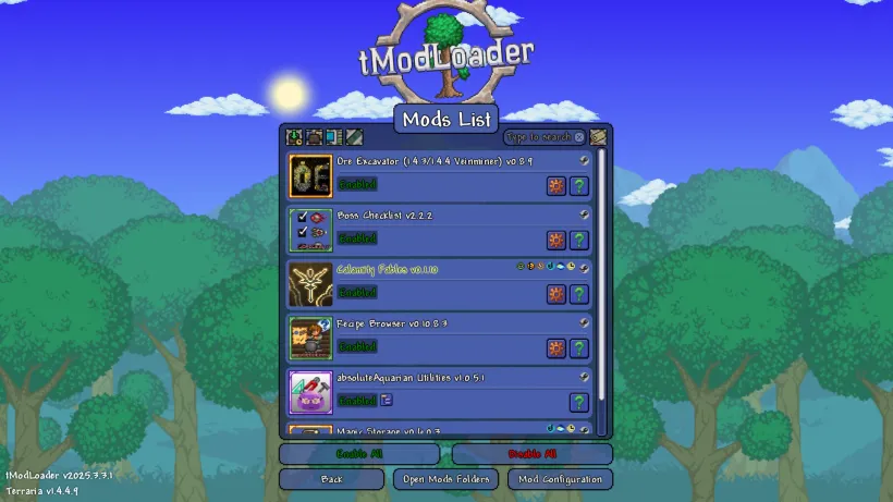 tModLoader Bildschirm für Modverwaltung