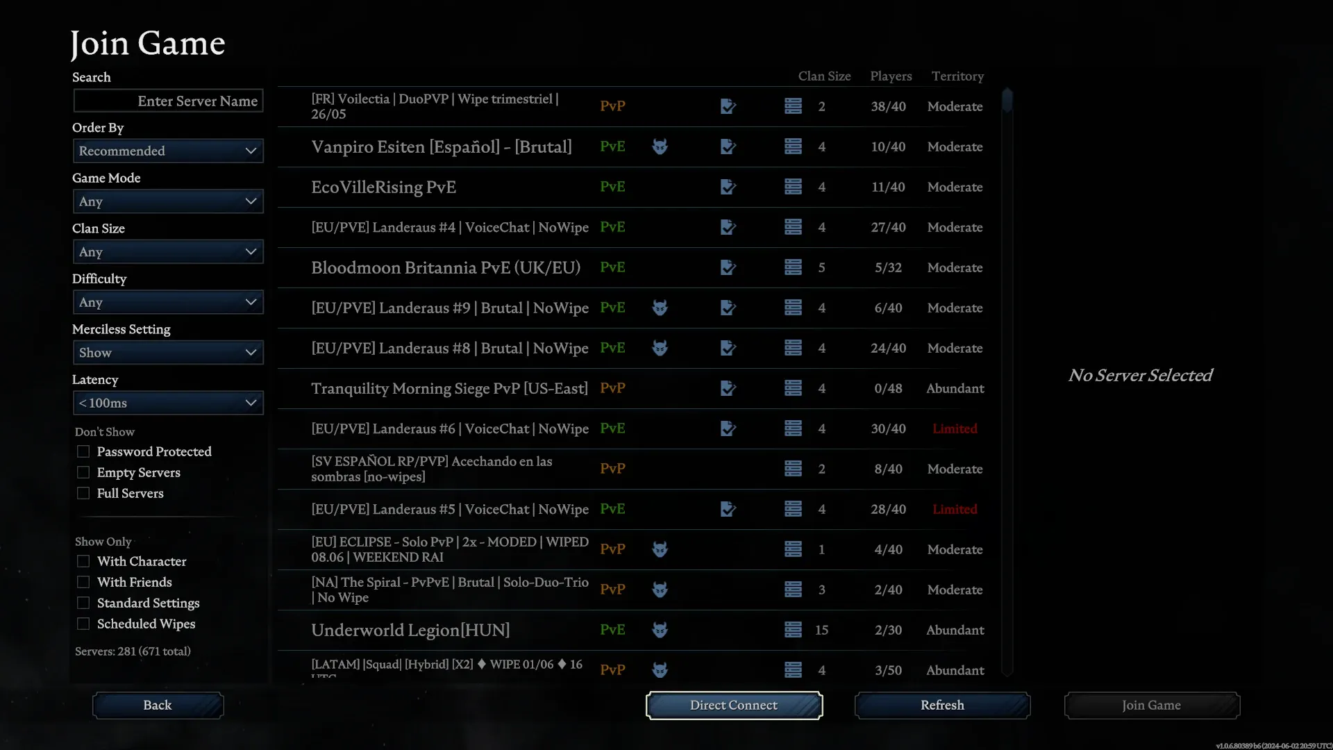 V Rising (PC) Spiel beitreten Menü