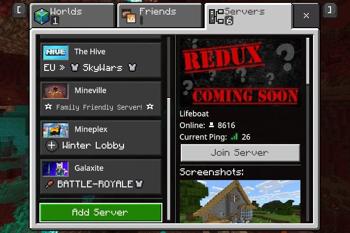 The Bedrock servers tab