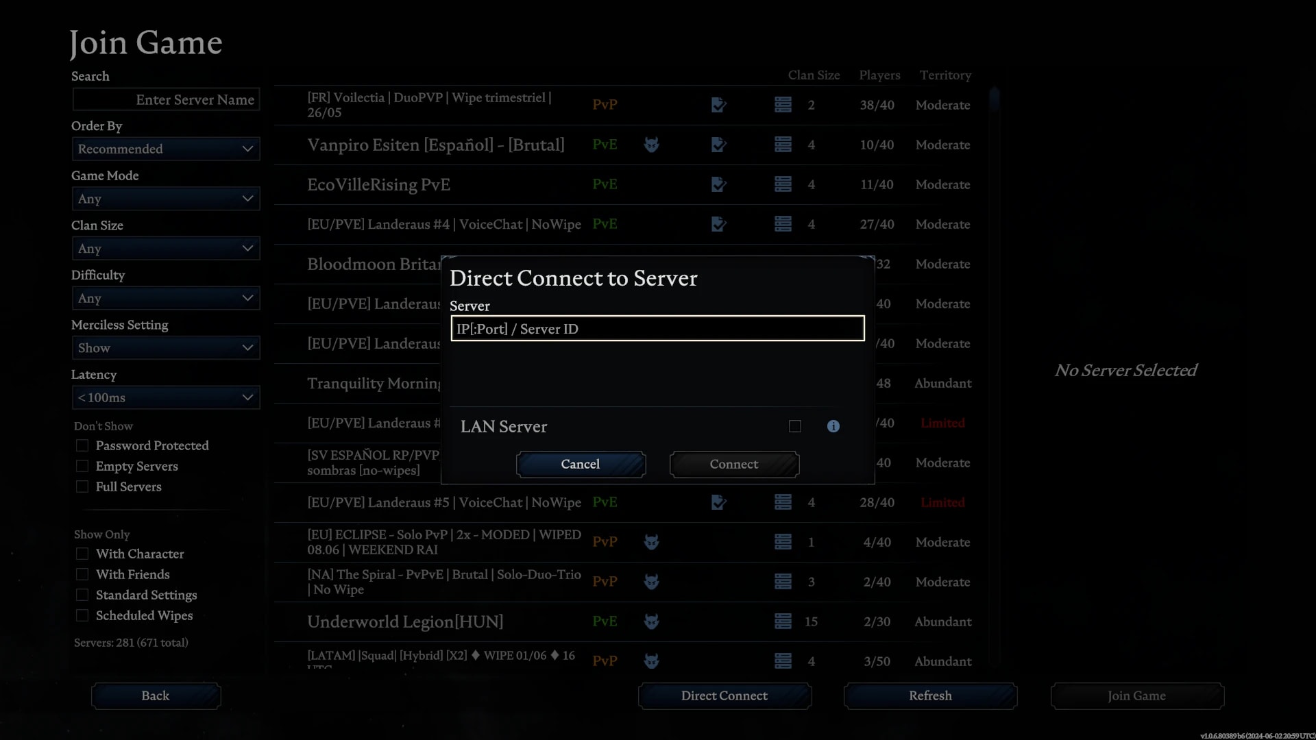 V Rising (PC) direct connection dialog