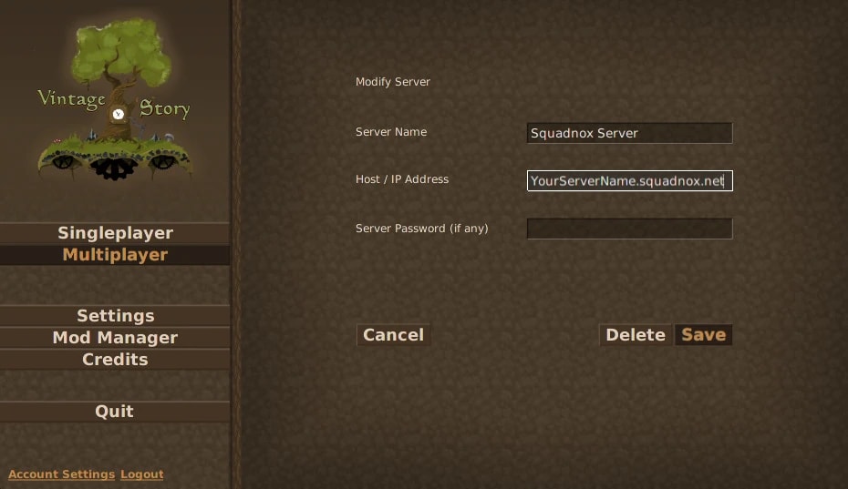 The Vintage Story server add dialog