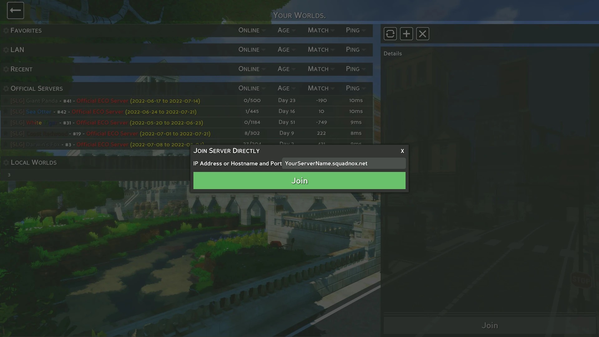 The Eco server connection dialog