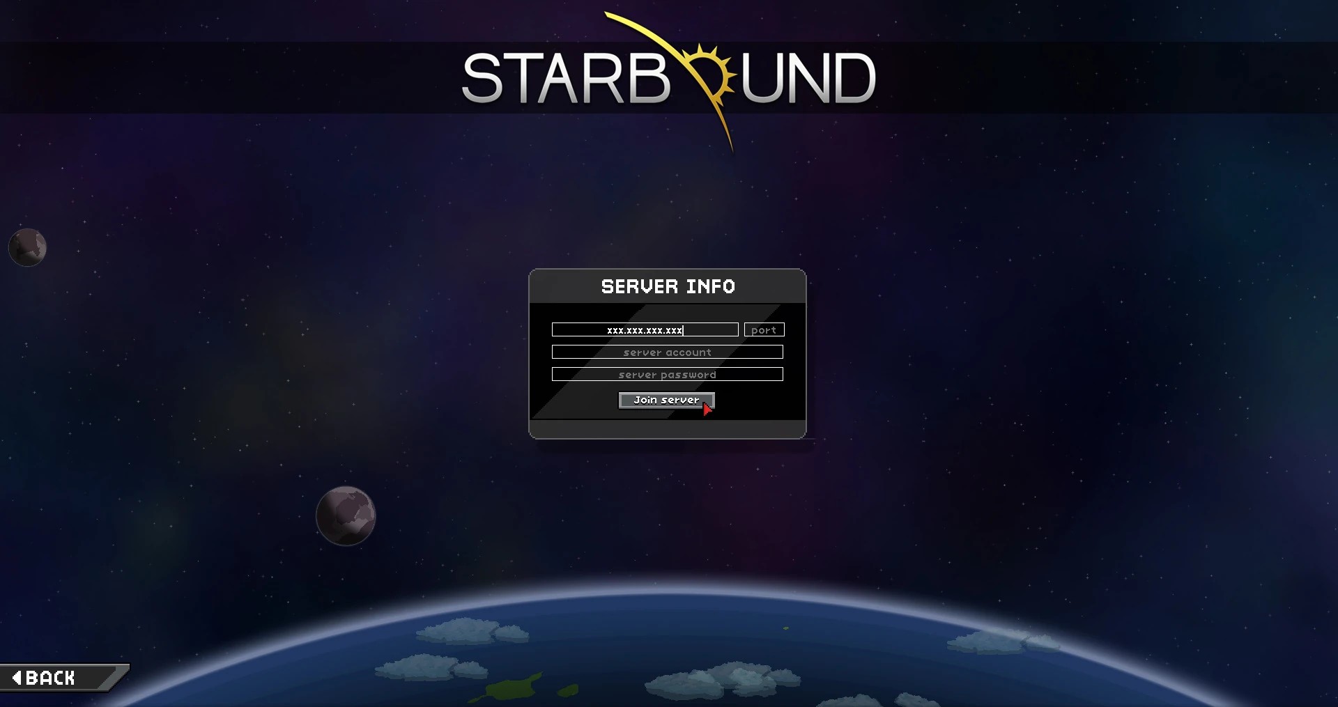 Das Starbound Serverbeitritt-Fenster