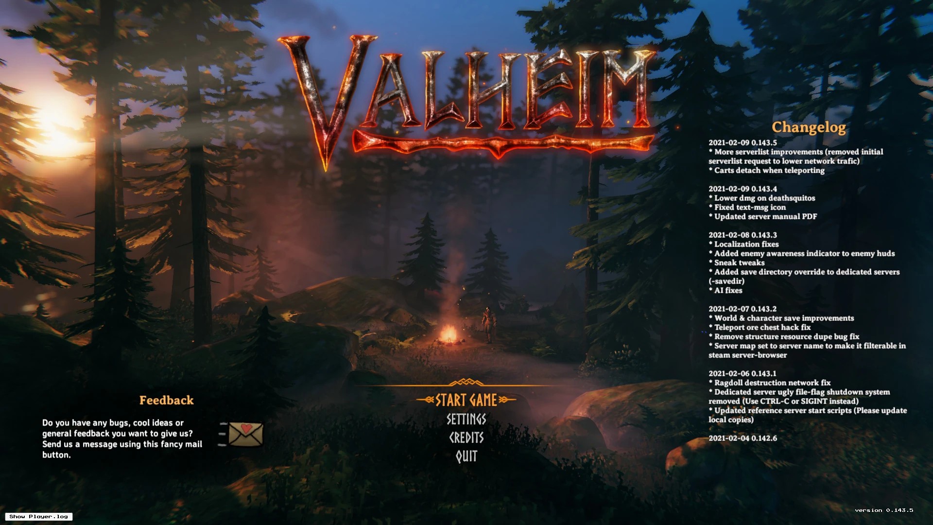 The Valheim main menu