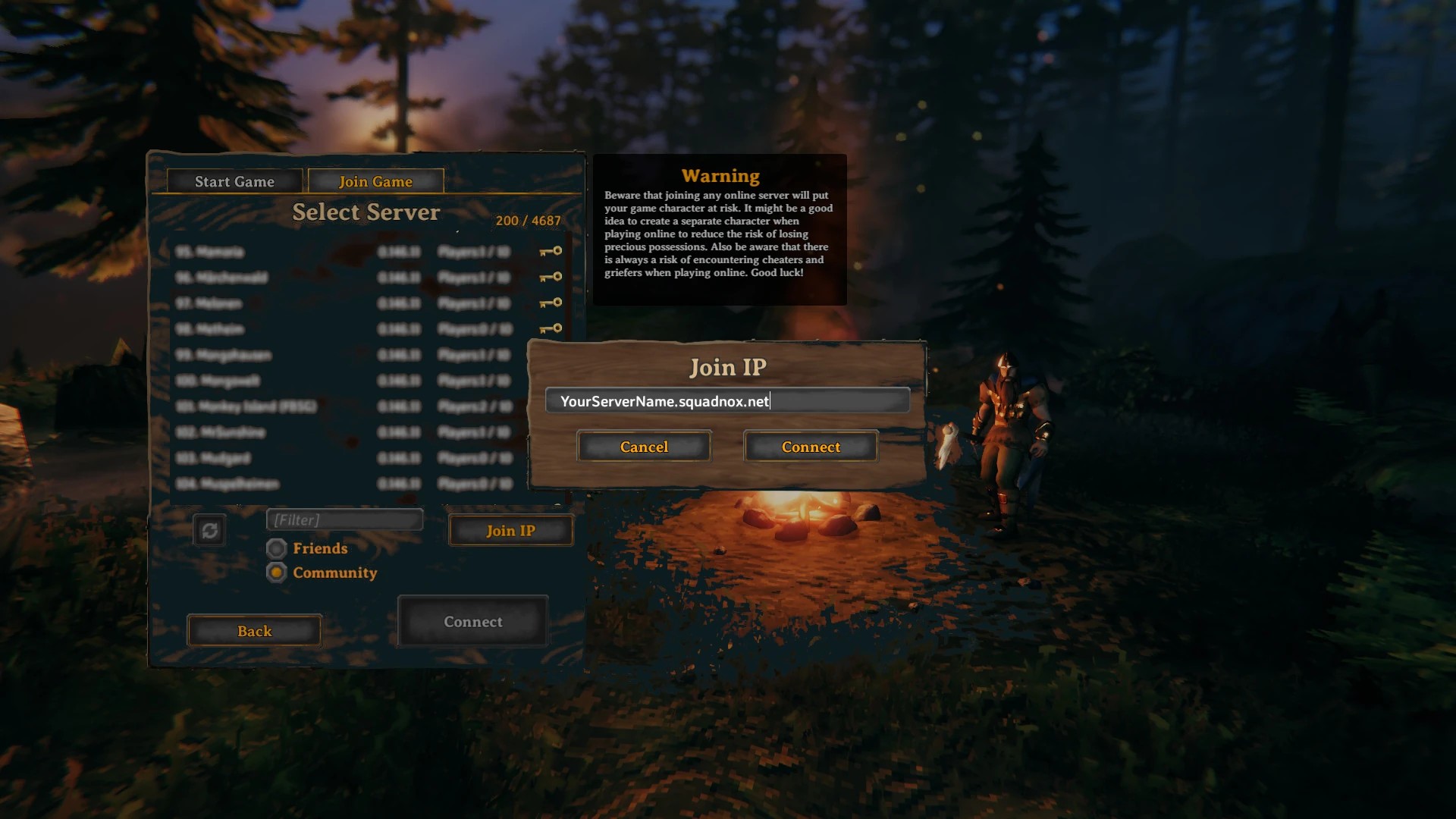 The Valheim multiplayer menu