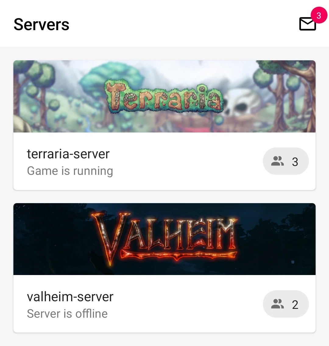 A list of the users servers